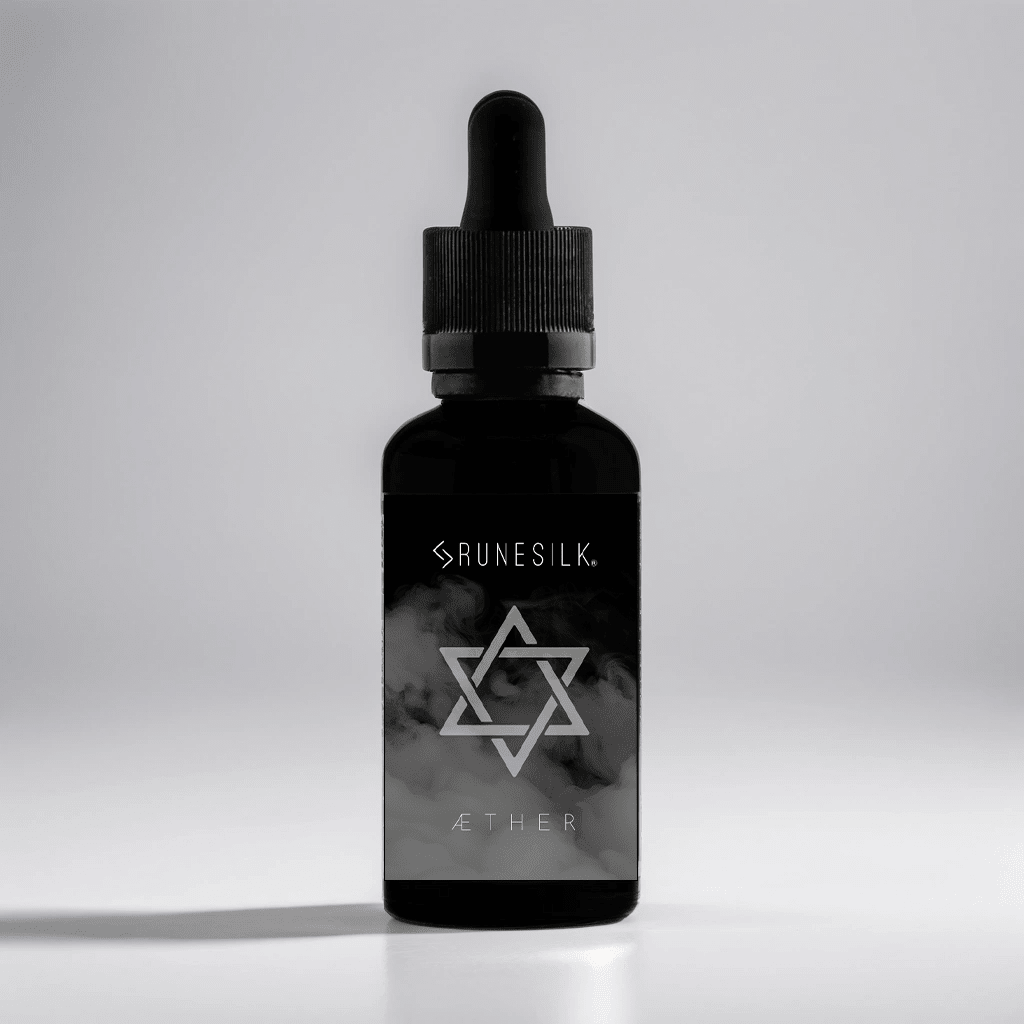 Black bottle with a dropper labeled 'Runesilk' on a gray background