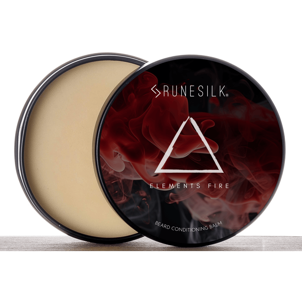 Runesilk beard conditioning balm container with a red rose design on a white background