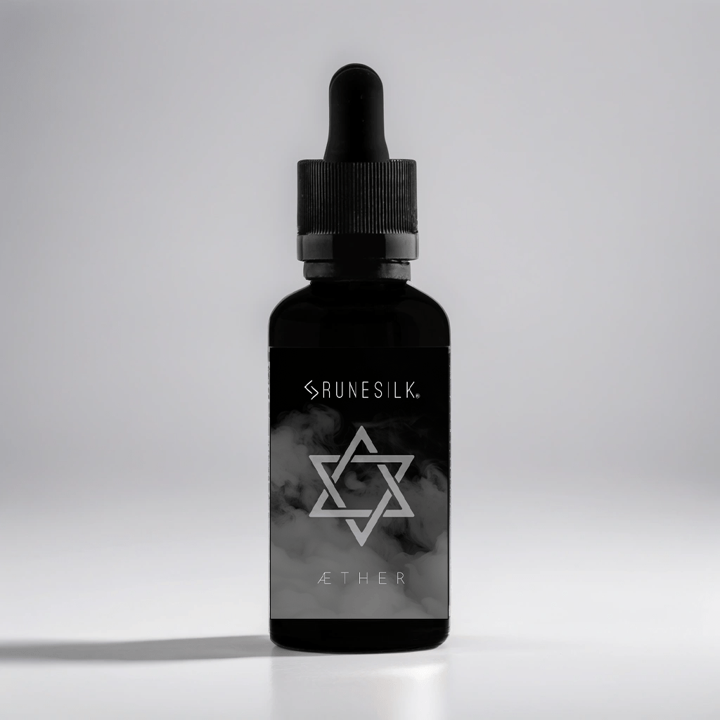 Black bottle with a dropper labeled 'Runesilk' on a gray background