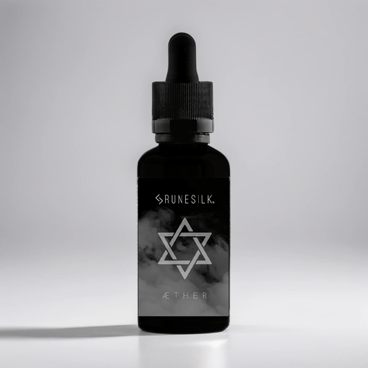 Black bottle with a dropper labeled 'Runesilk' on a gray background