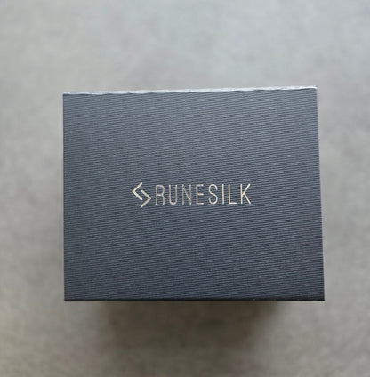 Runesilk beard oil sample gift box on a gray background