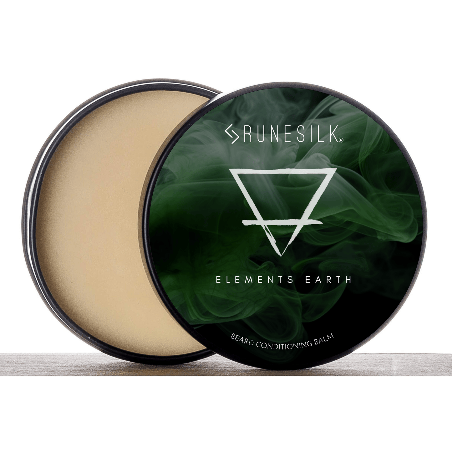 Runesilk Elements Earth beard conditioning balm container with green label and beige lid.