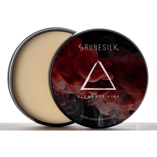 Runesilk beard conditioning balm container with a red rose design on a white background